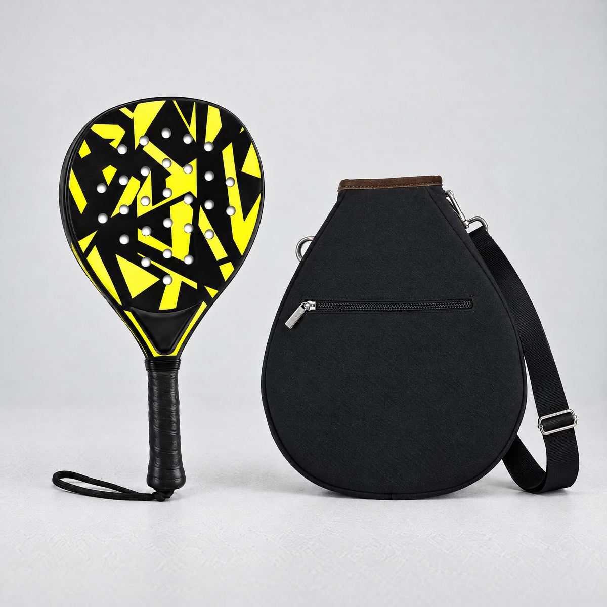 Beginner padel starter kit: yellow racket with black padded sling bag
