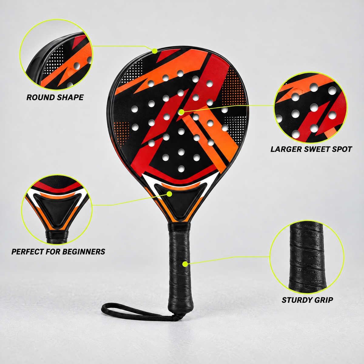 Red beginner padel racket features: larger sweet spot, sturdy grip, round shape, perfect for beginners