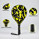 Yellow beginner padel racket features: larger sweet spot, sturdy grip, round shape, perfect for beginners