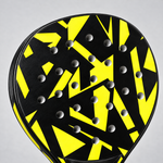 Close-up of the yellow racket face and hole pattern