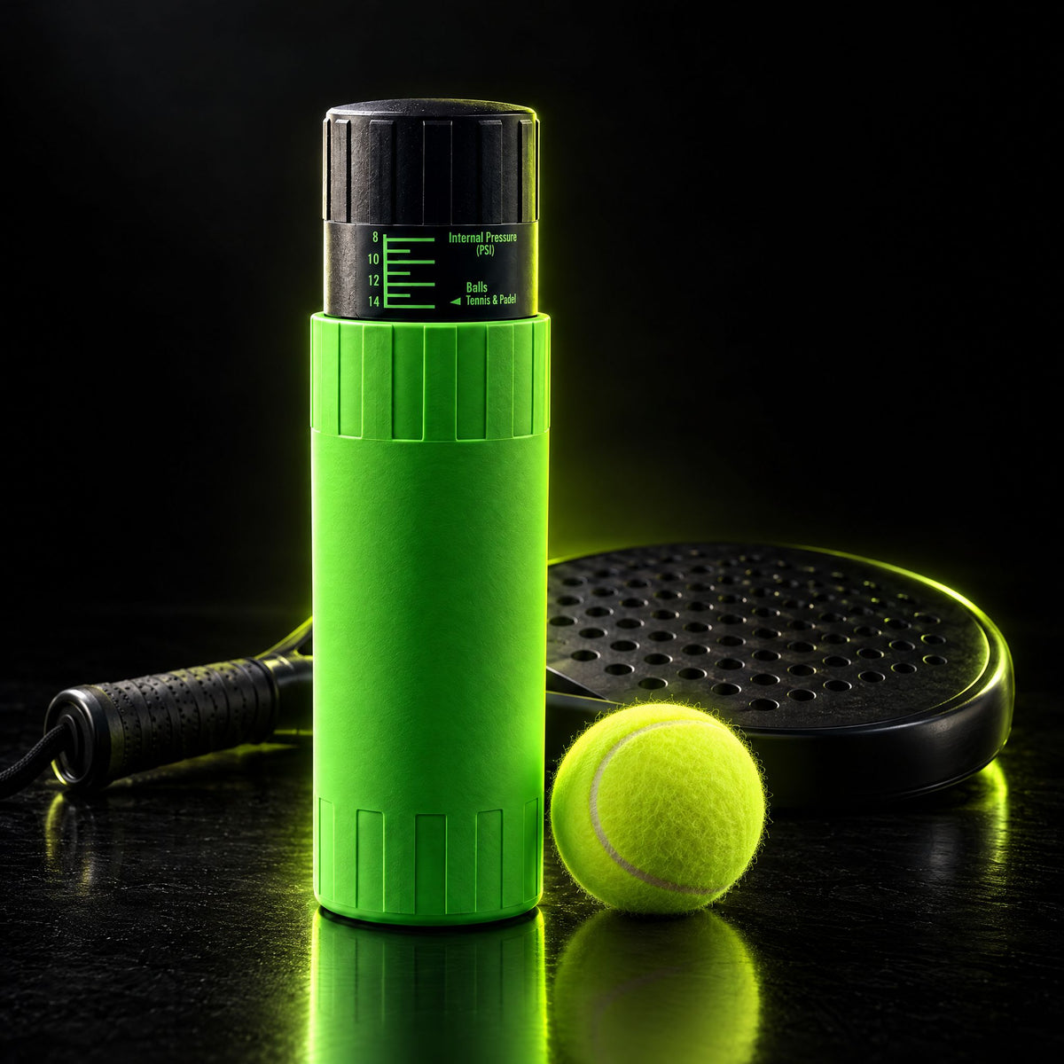 Padel ball pressuriser size compared with a padel ball and racket, approx. 29.5 cm tall #Color_Green