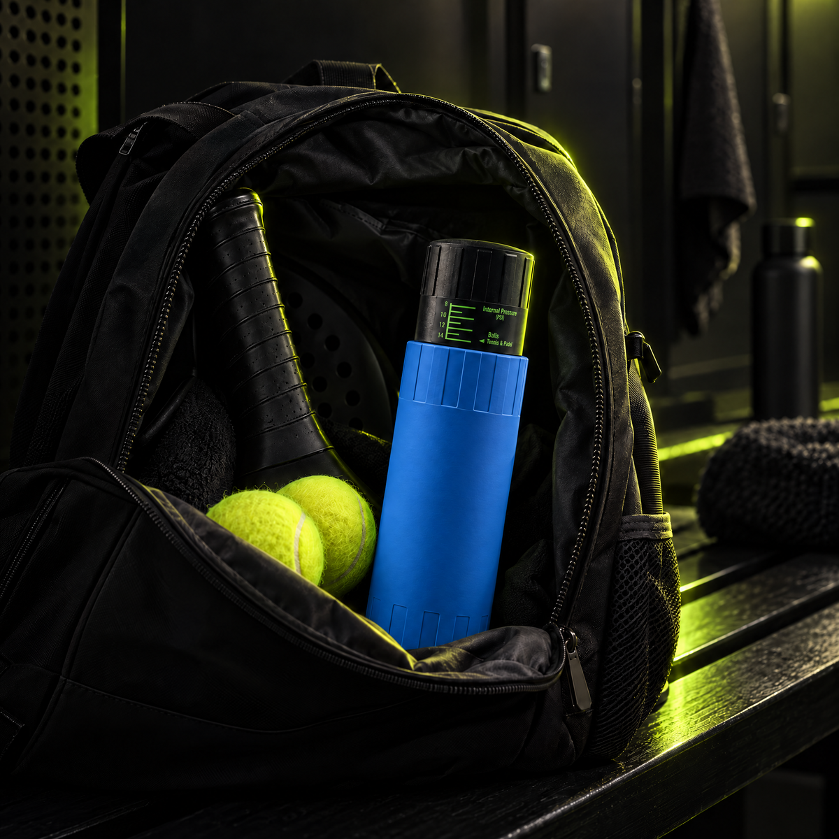 Blue pressuriser packed in a padel backpack #Color_Blue