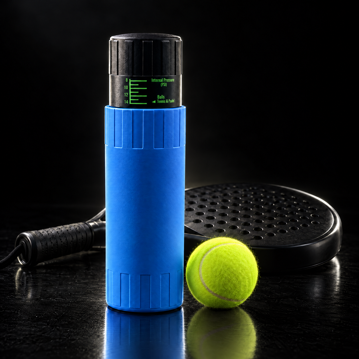 Blue pressuriser size compared with a padel ball and racket #Color_Blue