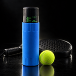 Blue pressuriser size compared with a padel ball and racket #Color_Blue
