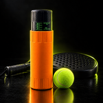 Orange pressuriser size compared with a padel ball and racket #Color_Orange